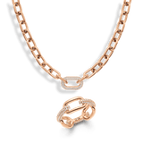 Rose gold chain necklace and matching crystal link ring featuring pavé stones, both showcasing a bold link motif with a modern, elegant finish.