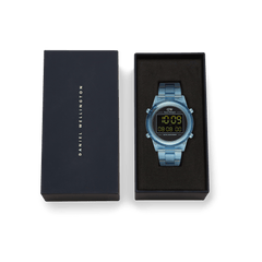 Retro Digital Light Blue Light Blue watch by Daniel Wellington displayed in its original black presentation box, featuring a transparent light blue strap and digital dial.