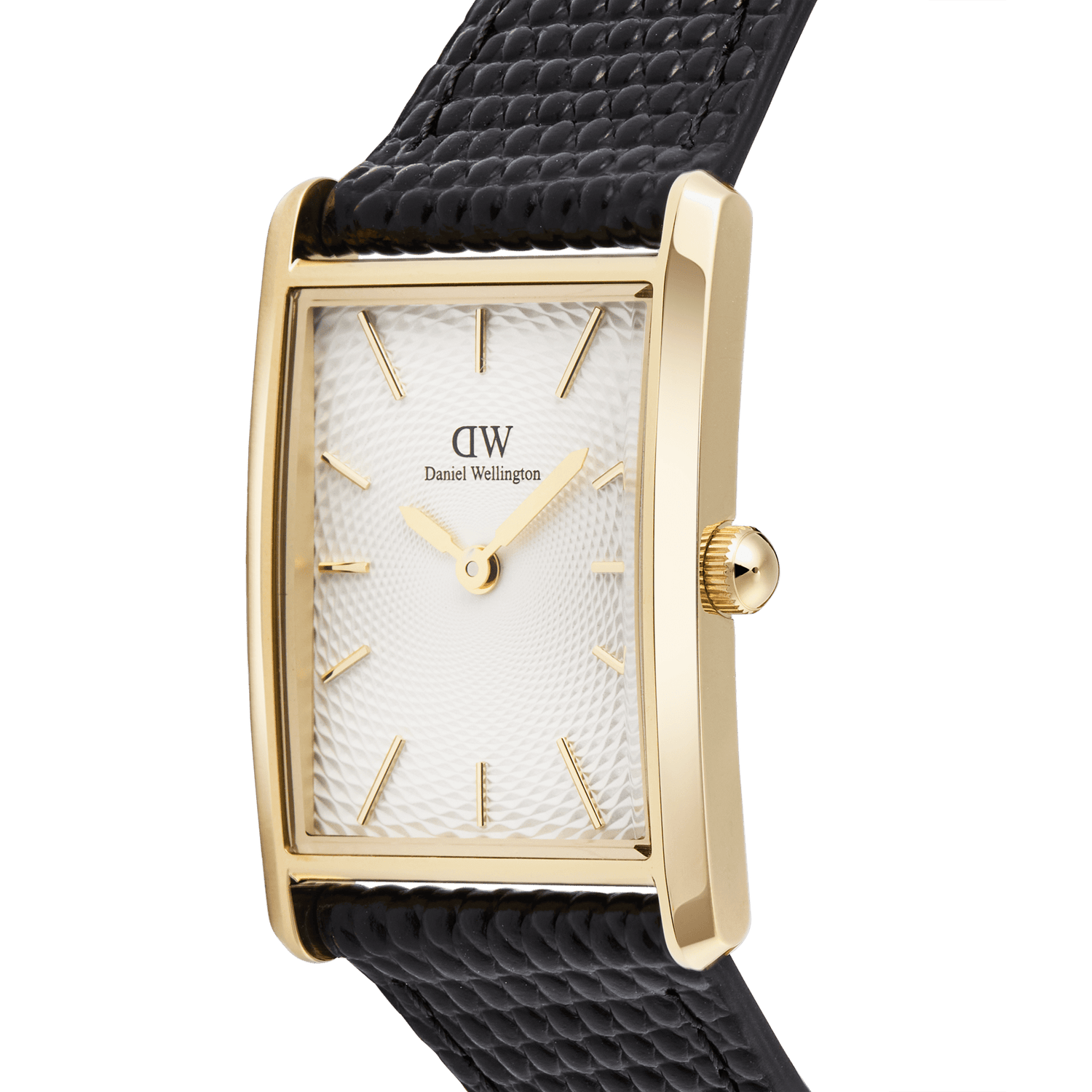 Close-up of the Bound Black Lizard Guilloché Gold watch showing its rectangular gold case, detailed white guilloché dial, and textured black lizard grain leather strap, highlighting the refined finish and minimalist gold hour markers.