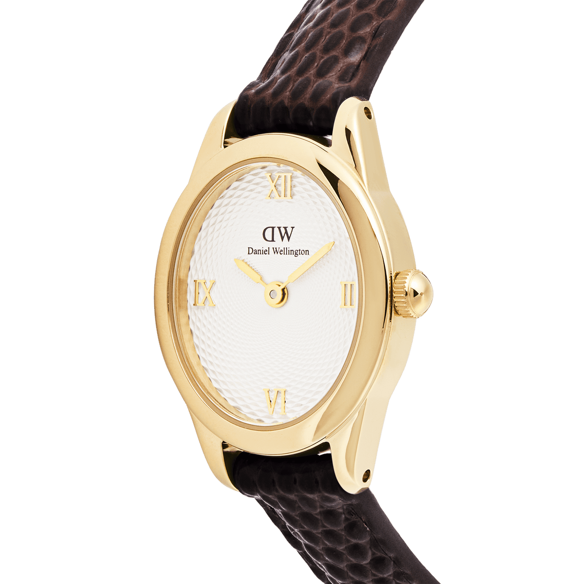 Close-up of the Ophelia Mini Dark Brown Lizard White Guilloché Gold watch, highlighting its polished gold oval case, textured white guilloché dial with gold Roman numerals, and dark brown lizard-embossed leather strap.