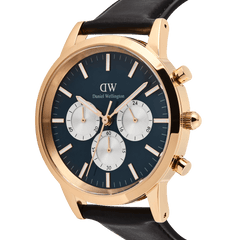 Close-up of the Iconic Chronograph Sheffield Arctic Panda Rose Gold watch, highlighting its deep blue dial, three white sub-dials, rose gold stainless steel case, and black leather strap.