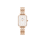 Rose gold ladies watch with a rectangular case, white minimalist dial, crystal-set bezel, and a five-link stainless steel strap, ideal for both formal and casual wear.