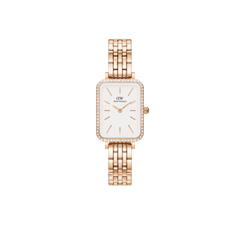 Rose gold ladies watch with a rectangular case, white minimalist dial, crystal-set bezel, and a five-link stainless steel strap, ideal for both formal and casual wear.