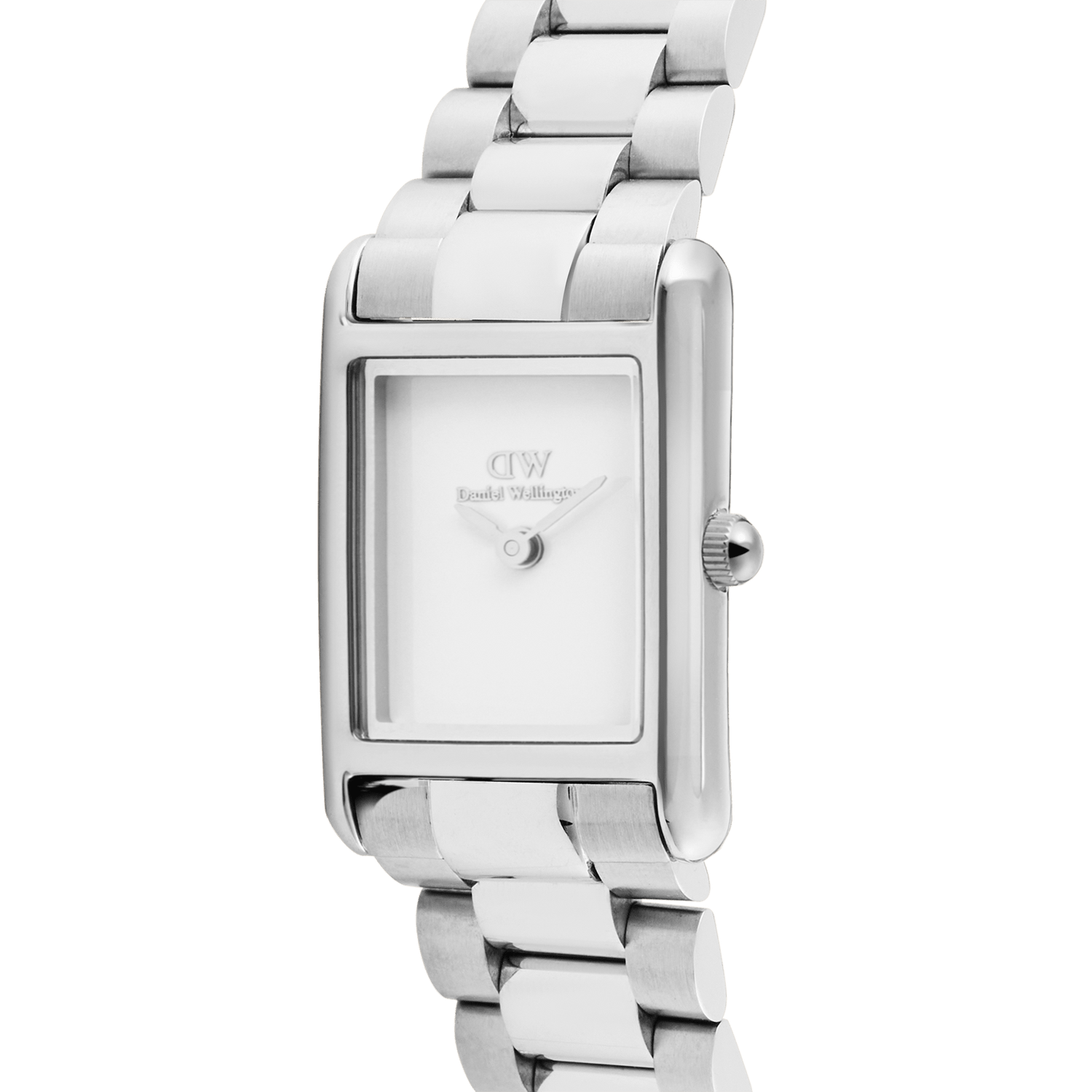 Close-up of the Daniel Wellington Bound Mini 3-Link Silver watch showing its polished rectangular silver case, minimalist white dial, and slim 3-link stainless steel bracelet, highlighting the elegant and modern design.