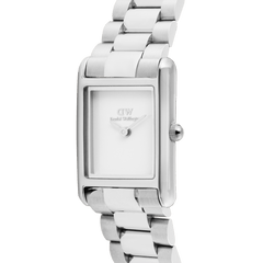 Close-up of the Daniel Wellington Bound Mini 3-Link Silver watch showing its polished rectangular silver case, minimalist white dial, and slim 3-link stainless steel bracelet, highlighting the elegant and modern design.