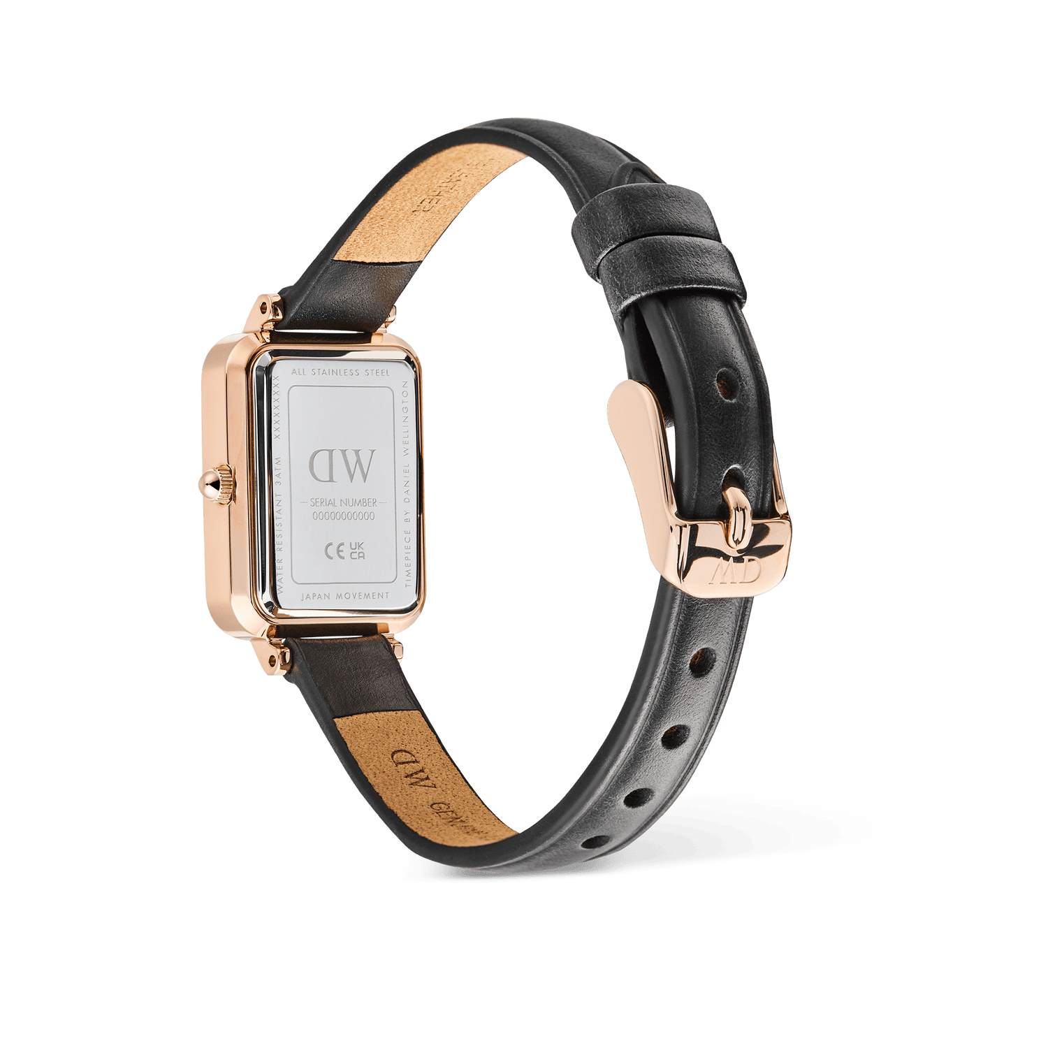 Quadro Roman Numerals Date Sheffield Rose Gold ladies watch showing the back of the rectangular rose gold case, engraved details, and adjustable black genuine leather strap with rose gold pin buckle.