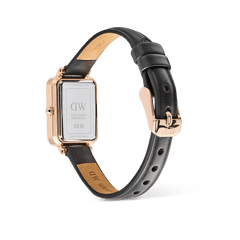 Quadro Roman Numerals Date Sheffield Rose Gold ladies watch showing the back of the rectangular rose gold case, engraved details, and adjustable black genuine leather strap with rose gold pin buckle.