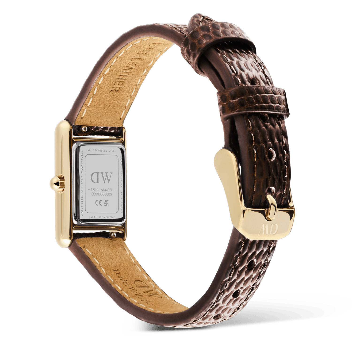Rear view of the Bound Mini Dark Brown Lizard Gold watch showing the engraved stainless steel case back, premium brown lizard grain leather strap, and gold pin buckle closure.