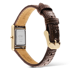 Rear view of the Bound Mini Dark Brown Lizard Gold watch showing the engraved stainless steel case back, premium brown lizard grain leather strap, and gold pin buckle closure.