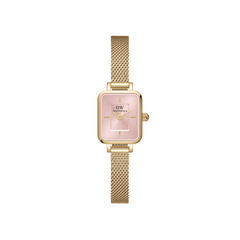 Quadro Mini Evergold Blush gold watch with a slim rectangular case, blush pink sunray dial, and a gold mesh strap, designed for women seeking a refined and contemporary accessory.