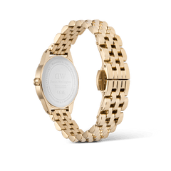 Back view of the Ophelia Mini Gold watch showing the stainless steel caseback, polished gold 5-link bracelet, and butterfly clasp, highlighting the quality craftsmanship and elegant finish.