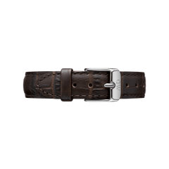 York Strap Silver classic brown leather watch strap with crocodile-embossed texture, polished silver buckle, and visible stitching, shown laid flat to highlight its elegant and versatile design.