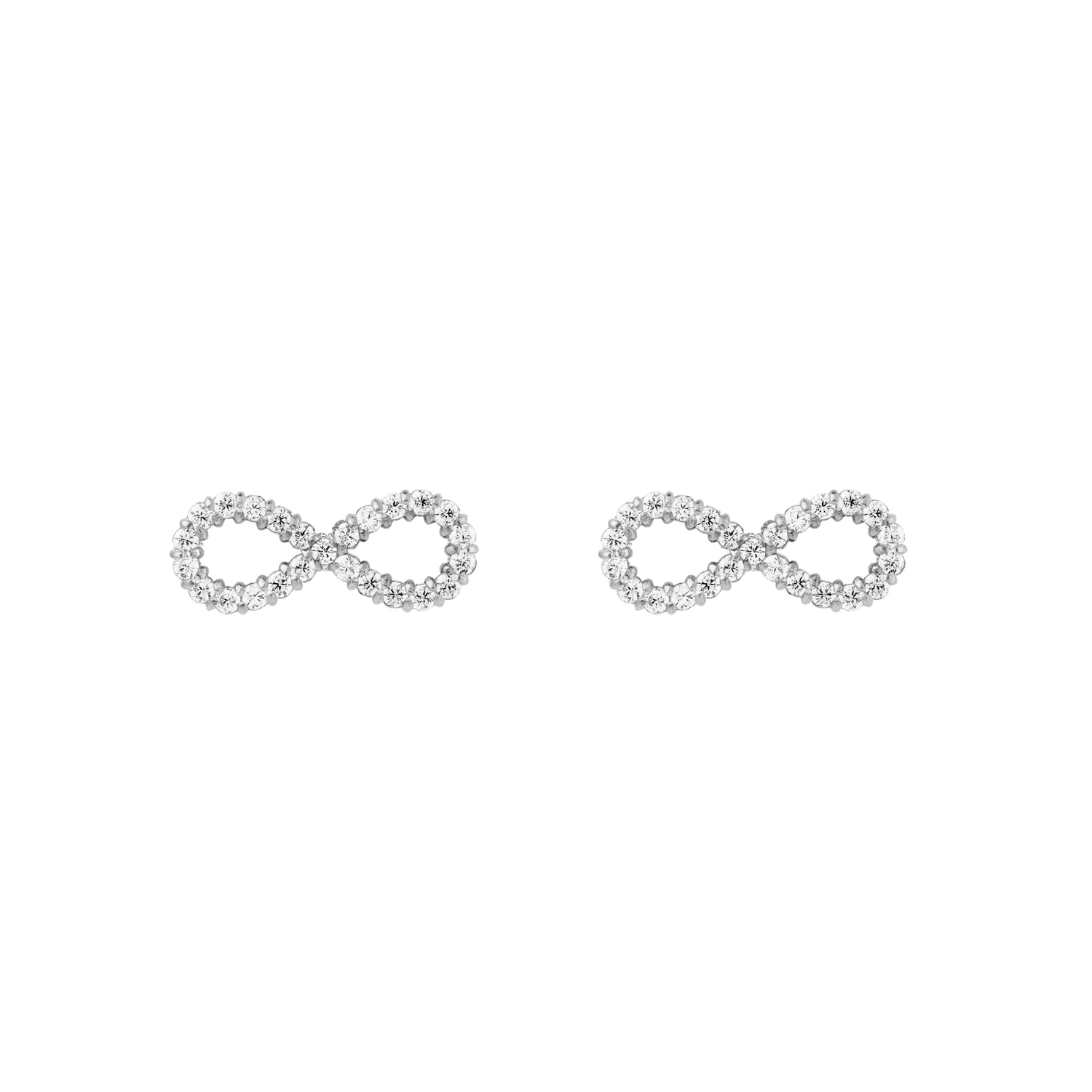 A pair of Mirelle Infinity Earring Silver stud earrings featuring polished silver infinity symbols set with sparkling white cubic zirconia crystals, displayed against a plain background.