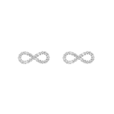 A pair of Mirelle Infinity Earring Silver stud earrings featuring polished silver infinity symbols set with sparkling white cubic zirconia crystals, displayed against a plain background.