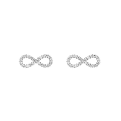 A pair of Mirelle Infinity Earring Silver stud earrings featuring polished silver infinity symbols set with sparkling white cubic zirconia crystals, displayed against a plain background.