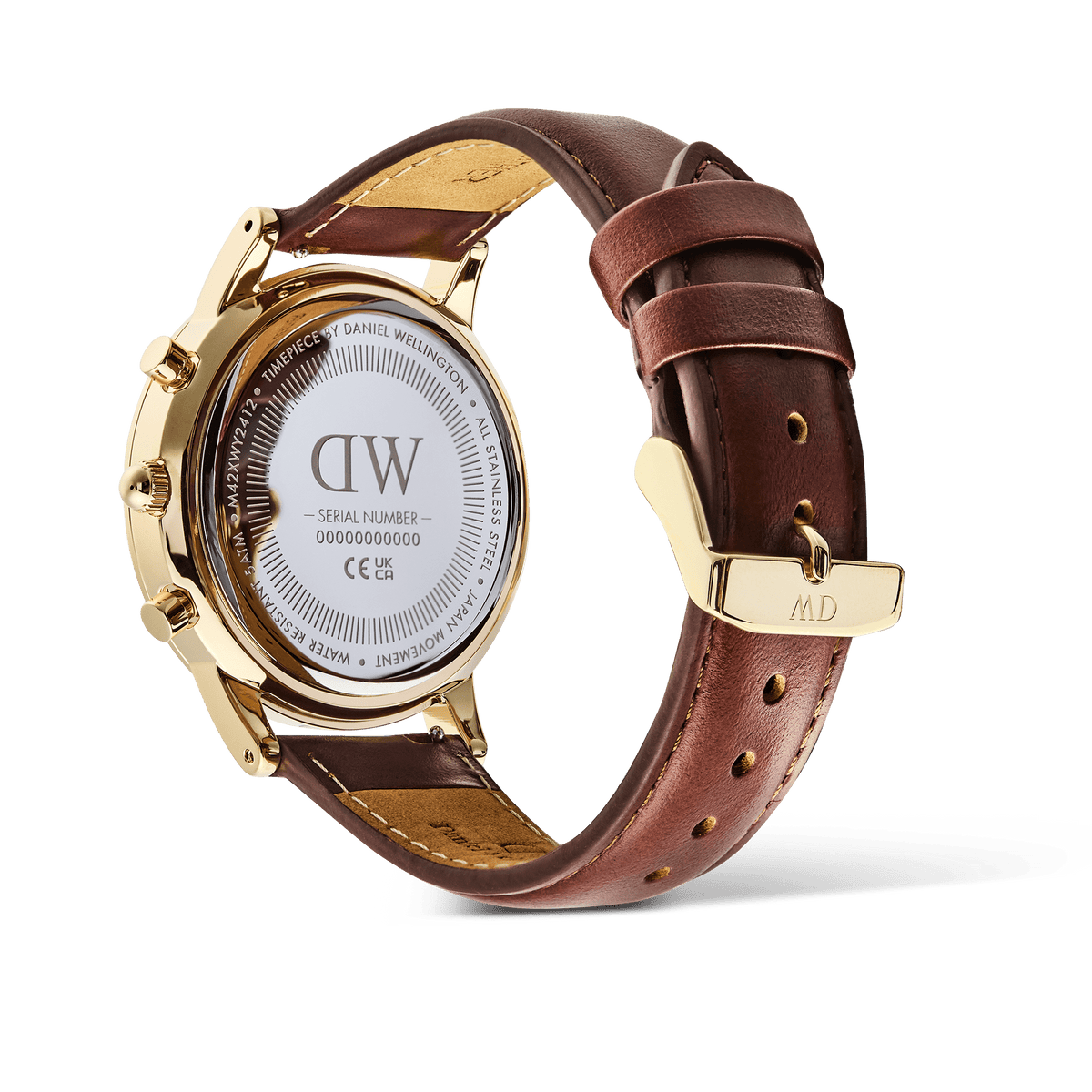 Back view of the Iconic Chronograph St Mawes Emerald Panda Gold men’s watch, showing the engraved stainless steel case, gold finish, and brown padded leather strap with gold pin buckle.