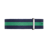 Warwick Strap Silver 20mm NATO watch strap in navy and green stripes with a polished silver buckle, crafted from durable polyester for a comfortable and modern look.