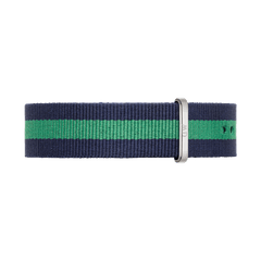 Warwick Strap Silver 20mm NATO watch strap in navy and green stripes with a polished silver buckle, crafted from durable polyester for a comfortable and modern look.