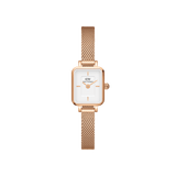 Quadro Mini Melrose watch featuring a petite rectangular white dial and slim rose gold mesh strap, designed for women who prefer a minimalist and elegant accessory for daily wear.