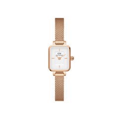 Quadro Mini Melrose watch featuring a petite rectangular white dial and slim rose gold mesh strap, designed for women who prefer a minimalist and elegant accessory for daily wear.