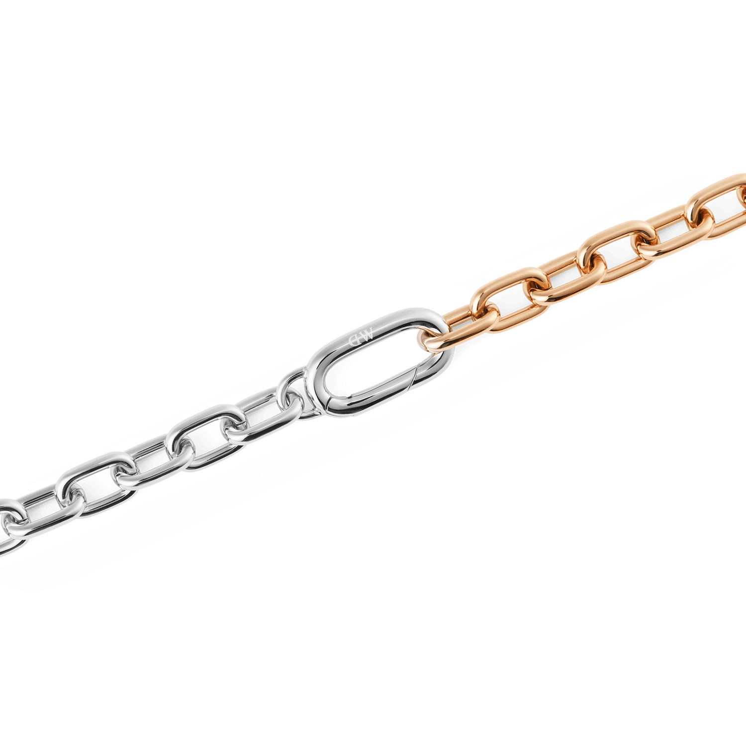 Close-up of the Contrast Link Necklace Two Tone Rose Gold, highlighting its polished architectural links in a seamless half silver and half rose gold design with a smooth, squared silhouette.