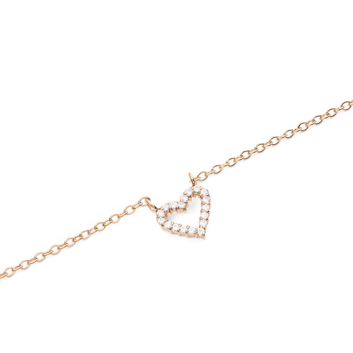 Close-up of the Mirelle Heart Necklace Rose Gold, showing a delicate open heart pendant set with sparkling cubic zirconia stones on a fine rose gold chain.