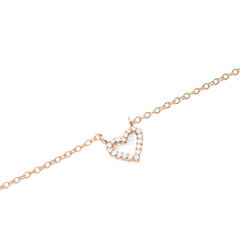 Close-up of the Mirelle Heart Necklace Rose Gold, showing a delicate open heart pendant set with sparkling cubic zirconia stones on a fine rose gold chain.