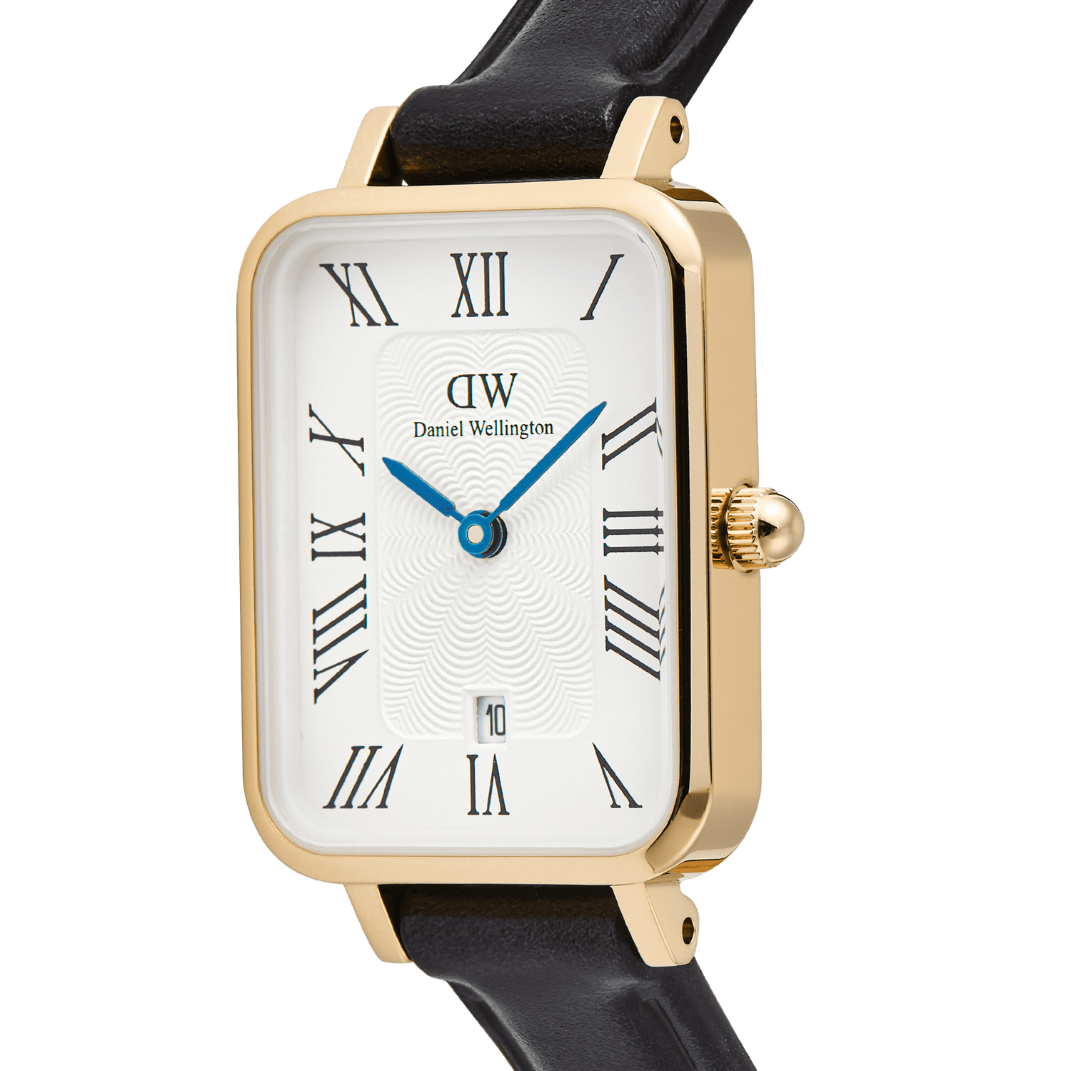 Close-up of the Quadro Roman Numerals Date Sheffield Gold ladies watch, showing the rectangular gold case, white guilloché dial with Roman numerals, blue hands, date window at 6 o’clock, and slim black leather strap.