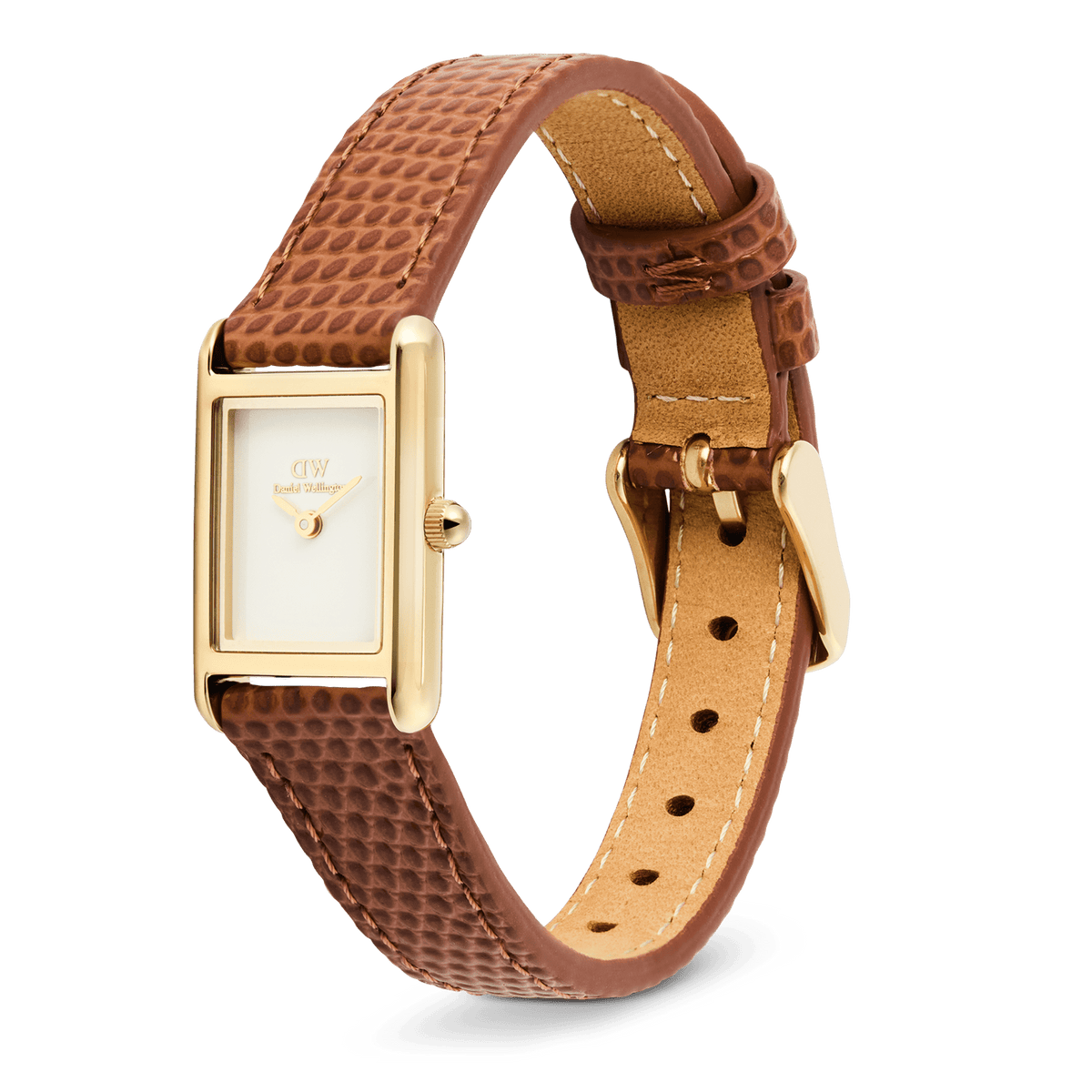 Bound Mini Light Brown Lizard Gold watch with a petite rectangular gold case, crisp white dial, and adjustable light brown lizard-embossed genuine leather strap, shown at an angle to highlight its elegant design and secure pin buckle.
