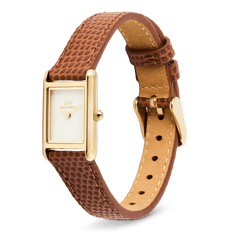 Bound Mini Light Brown Lizard Gold watch with a petite rectangular gold case, crisp white dial, and adjustable light brown lizard-embossed genuine leather strap, shown at an angle to highlight its elegant design and secure pin buckle.