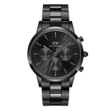 Iconic Chronograph Link Onyx B men's watch featuring an all-black stainless steel case and link bracelet, with a black sunray dial and three chronograph sub-dials for stopwatch functionality.