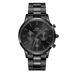 Iconic Chronograph Link Onyx B men's watch featuring an all-black stainless steel case and link bracelet, with a black sunray dial and three chronograph sub-dials for stopwatch functionality.