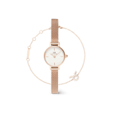 Rose gold ladies watch with a white dial and mesh strap, paired with an adjustable rose gold zodiac chain bracelet featuring a sparkling crystal charm, both designed for a refined and minimalist look.