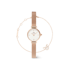 Rose gold ladies watch with a white dial and mesh strap, paired with an adjustable rose gold zodiac chain bracelet featuring a sparkling crystal charm, both designed for a refined and minimalist look.