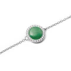 Close-up of the Audrey Bracelet Jade Silver, highlighting the domed green jade centrepiece surrounded by a halo of sparkling white cubic zirconia on a slim silver chain.