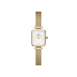 Quadro Mini Evergold gold watch for women featuring a petite rectangular case, white dial, and slim gold mesh strap, designed for everyday comfort and minimalist style.