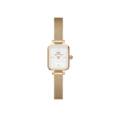 Quadro Mini Evergold gold watch for women featuring a petite rectangular case, white dial, and slim gold mesh strap, designed for everyday comfort and minimalist style.