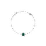 Slim silver bracelet with an adjustable chain, featuring a domed malachite centrepiece surrounded by white cubic zirconia, designed for women who appreciate understated elegance.