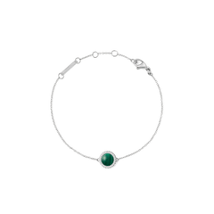 Slim silver bracelet with an adjustable chain, featuring a domed malachite centrepiece surrounded by white cubic zirconia, designed for women who appreciate understated elegance.
