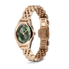 Ophelia Mini Emerald Rose Gold watch with a polished oval case, emerald green sunray dial, Roman numerals, and a rose gold beans link bracelet featuring an open butterfly clasp.