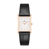 Rectangular rose gold watch with a minimalist white dial and black crocodile-embossed leather strap, featuring slim rose gold hour markers and a secure pin buckle.