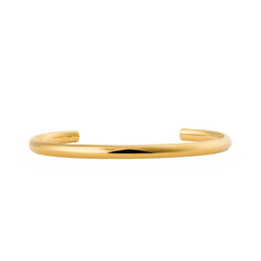 Minimalist Arch Cuff Gold 4mm bracelet with a softly rounded shape, mirror-polished gold finish, and open-ended adjustable design, crafted from stainless steel and PVD plated gold.