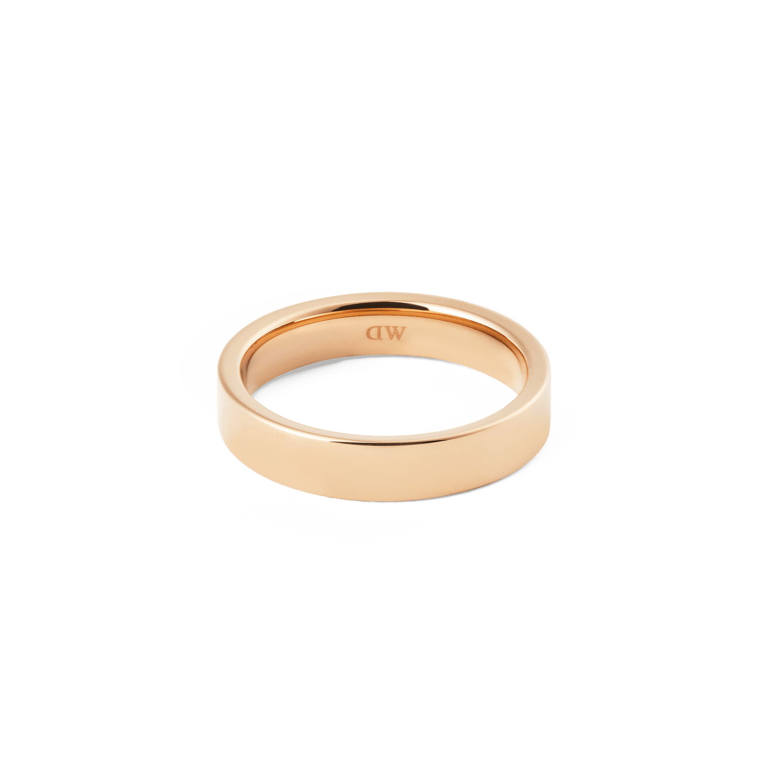 Minimalist Line Ring Polished Rose Gold 4.5mm with a sleek, flat band and a polished rose gold finish, featuring a subtle engraved logo on the inside.