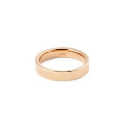 Minimalist Line Ring Polished Rose Gold 4.5mm with a sleek, flat band and a polished rose gold finish, featuring a subtle engraved logo on the inside.