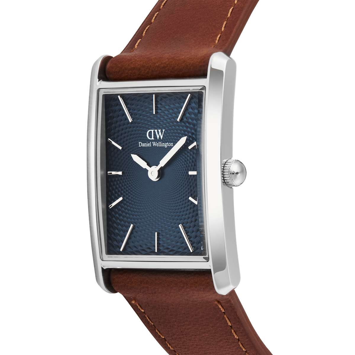 Close-up of the Daniel Wellington Bound Light Brown Arctic Guilloché Silver watch, highlighting its rectangular polished silver case, deep blue guilloché dial, and premium light brown leather strap with detailed stitching.