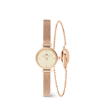 Rose gold ladies watch with a 28mm dial and mesh strap, paired with a delicate rose gold Elan Unity Bracelet featuring an interlocking ring motif, both designed for a refined and minimalist look.
