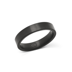 A brushed graphite ring with a matte finish and minimalist design, featuring a 4.5mm width and discreet interior branding, crafted from stainless steel for durability.