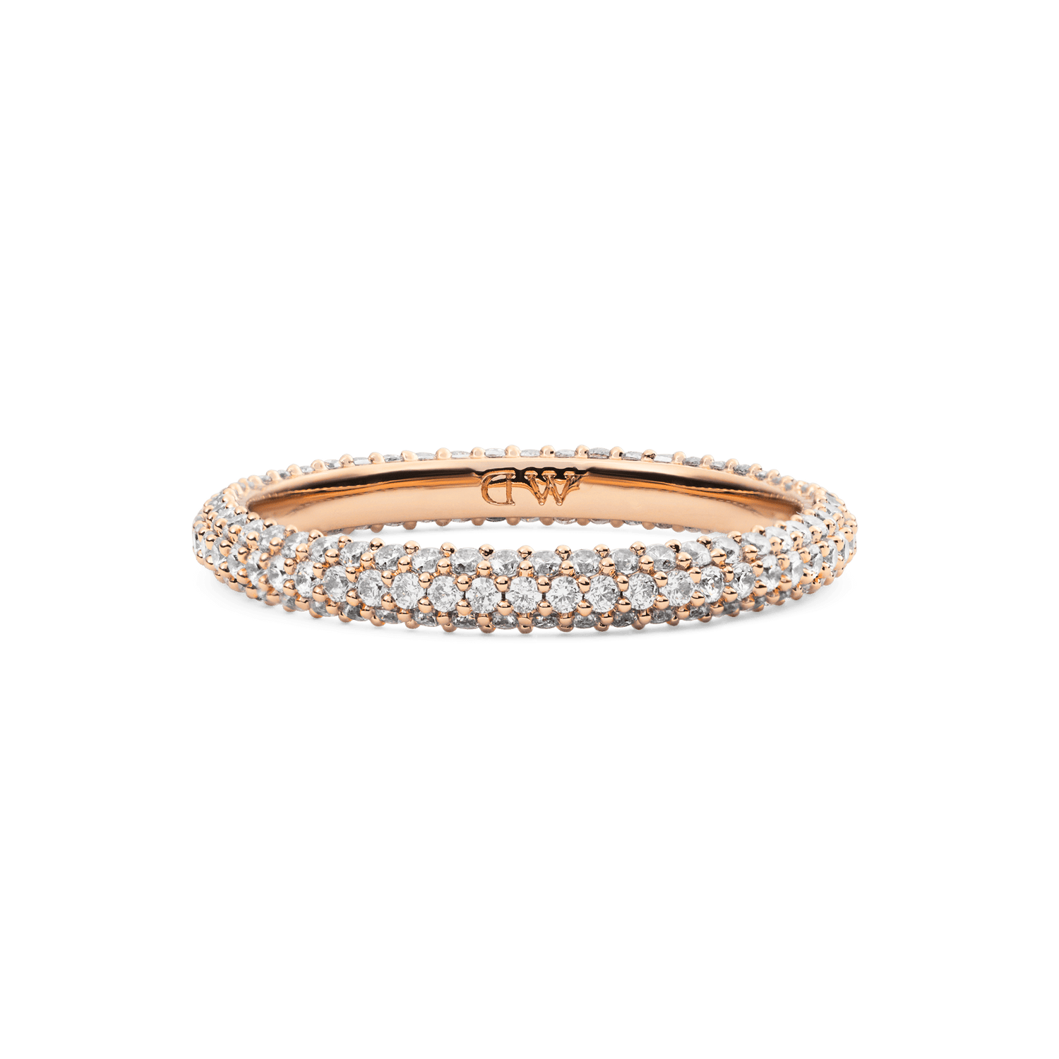 Pavé Ring Rose Gold 3 mm with a slim rose gold band, featuring three rows of finely set white cubic zirconia crystals for a subtle, elegant sparkle.