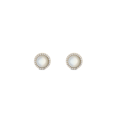 A pair of gold stud earrings featuring domed mother of pearl centres, each surrounded by a halo of sparkling white cubic zirconia crystals in a petite, elegant design.