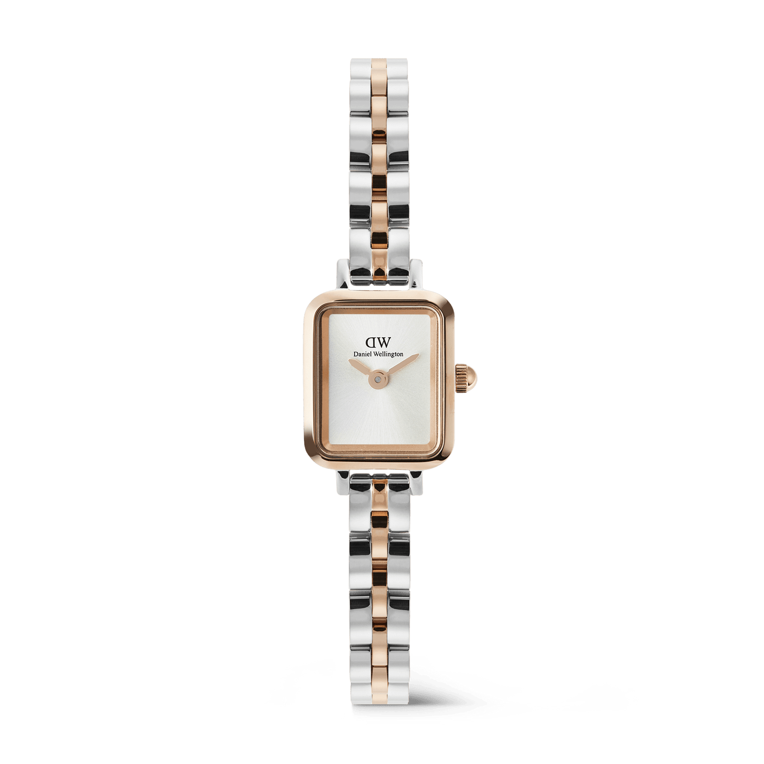 Quadro Mini Arch 3-Link Two Tone Rose Gold ladies watch with a petite rectangular case, minimalist white dial, and a slim silver and rose gold bracelet, designed for everyday elegance and versatility.